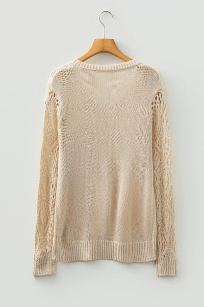 Jet Stream Solid V Neck Pointelle Knit Sleeve Patchwork Sweater