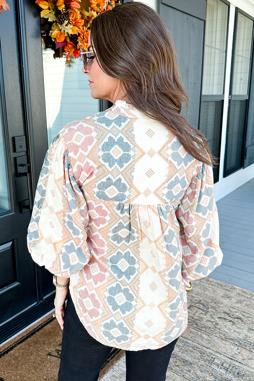 Khaki Geometric Print Split Neck Balloon Sleeve Blouse