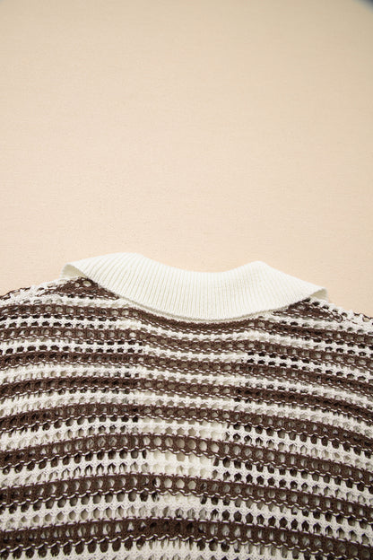 Brown Stripe Eyelet Hollow-out Contrast Collared Pullover Chic Sweater