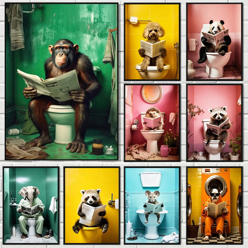 Quirky Animals on the Toilet Canvas Art Prints | Home Decor