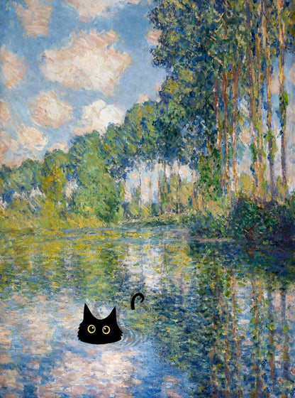 Monet Inspired Black Cat Canvas Painting | Wall Art for Cat Lovers