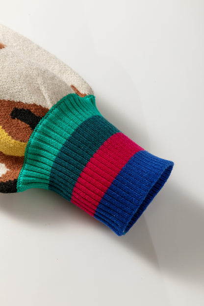 Apricot Contrast Ribbed Stripes Detail Animal Pattern Knit Sweater