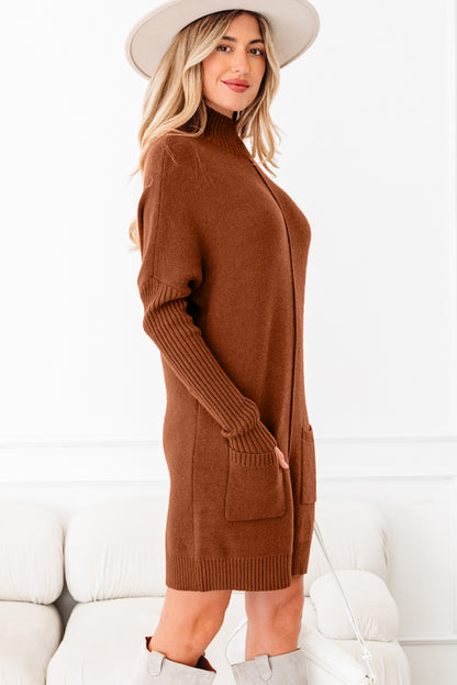 Chestnut Ribbed High Neck Front Pockets Center Seam Shift Sweater Dress