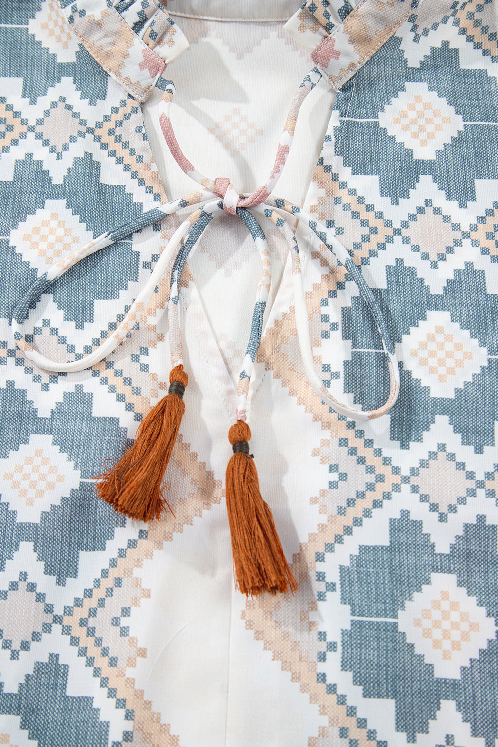 Khaki Geometric Print Split Neck Balloon Sleeve Blouse