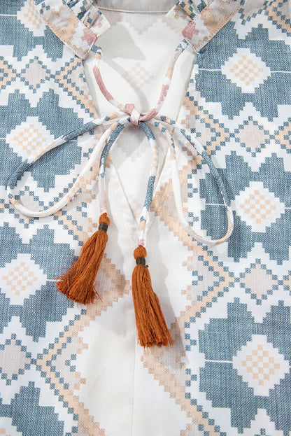 Khaki Geometric Print Split Neck Balloon Sleeve Blouse