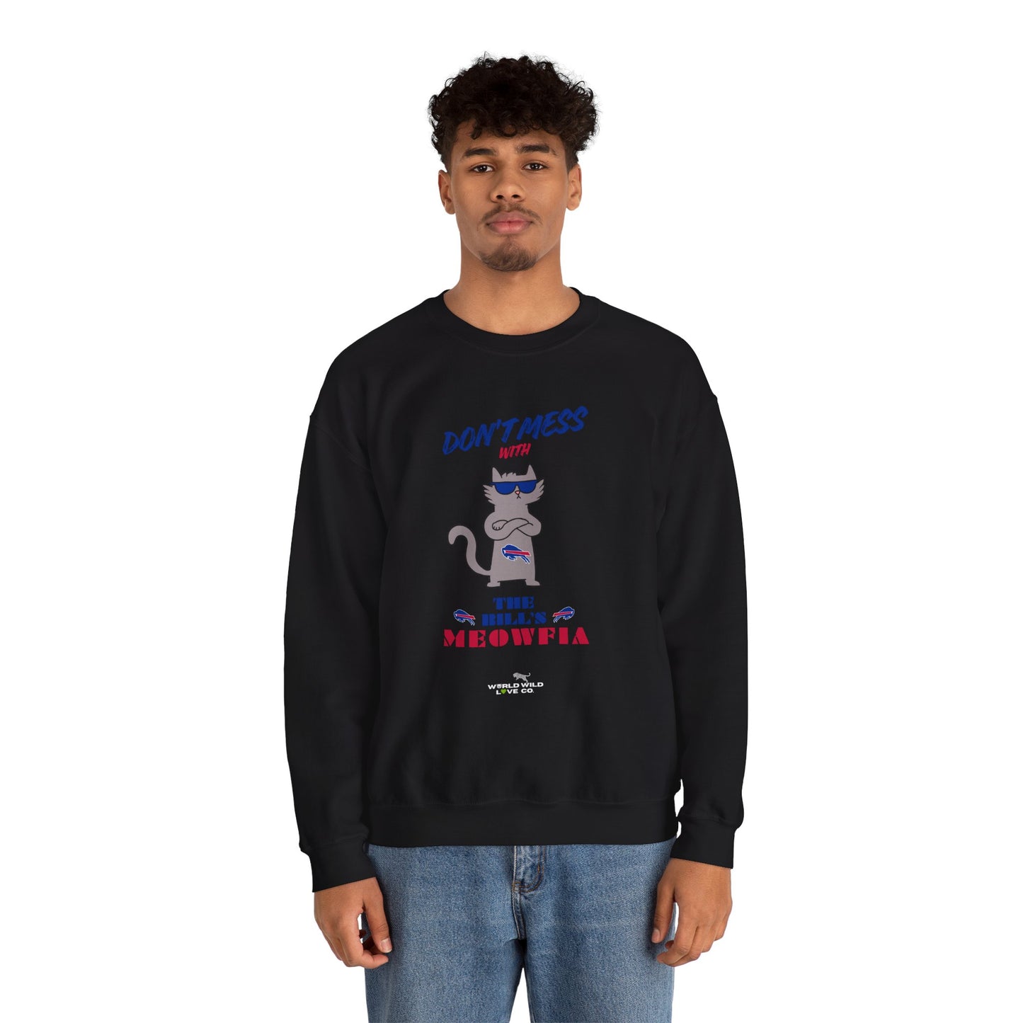 Buffalo Bills "Meowfia" Unisex Crewneck| Fun Classic Eco-Friendly Apparel that Supports Animal Welfare