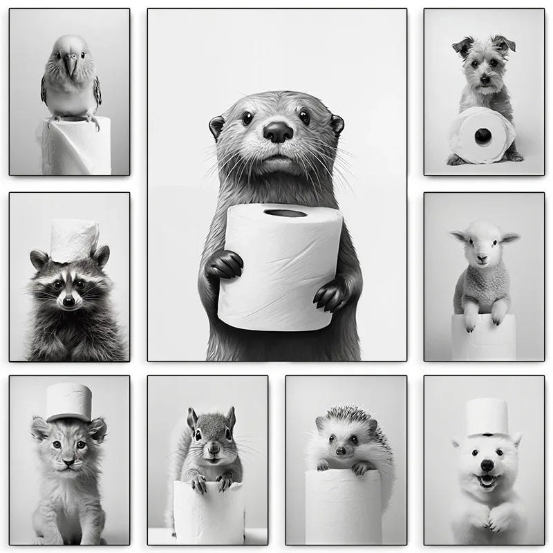 Cute Black and White Animal Poster Print |  Bathroom Wall Art for Animal Lovers
