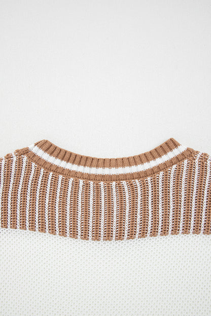 Khaki Two Tone Striped Patchwork Drop Shoulder Loose Sweater