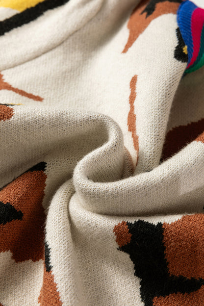 Apricot Contrast Ribbed Stripes Detail Animal Pattern Knit Sweater