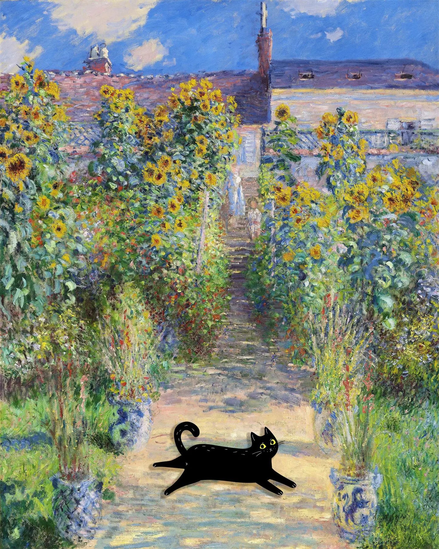 Monet Inspired Black Cat Canvas Painting | Wall Art for Cat Lovers
