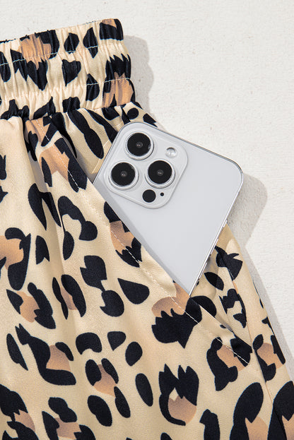 Parchment Leopard Drawstring Elastic Waistband Flowy Wide Leg Pants