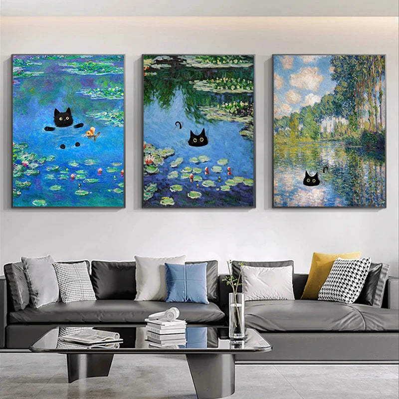 Monet Inspired Black Cat Canvas Painting | Wall Art for Cat Lovers