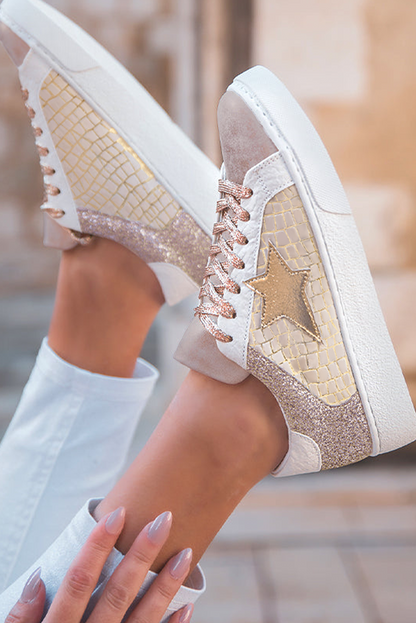 Dearlove Gold Glitter Star Patchwork PU Leather Lace-up Sneakers