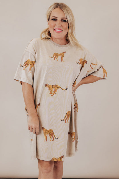 Apricot Cheetah Print Side Pockets T Shirt Mini Dress
