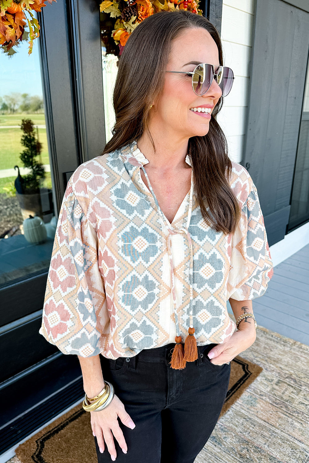Khaki Geometric Print Split Neck Balloon Sleeve Blouse