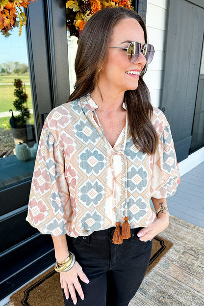 Khaki Geometric Print Split Neck Balloon Sleeve Blouse