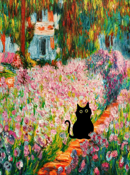 Monet Inspired Black Cat Canvas Painting | Wall Art for Cat Lovers