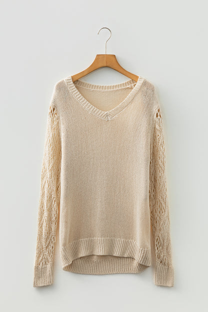 Jet Stream Solid V Neck Pointelle Knit Sleeve Patchwork Sweater