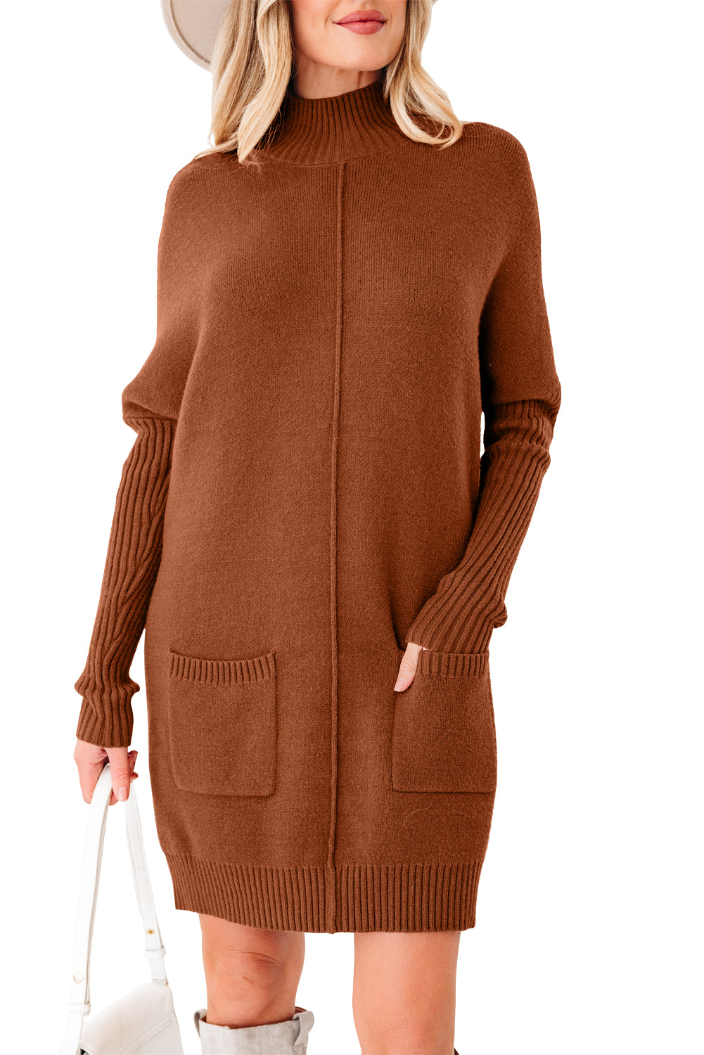 Chestnut Ribbed High Neck Front Pockets Center Seam Shift Sweater Dress