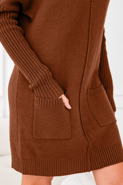 Chestnut Ribbed High Neck Front Pockets Center Seam Shift Sweater Dress
