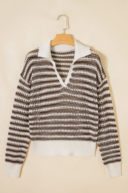 Brown Stripe Eyelet Hollow-out Contrast Collared Pullover Chic Sweater